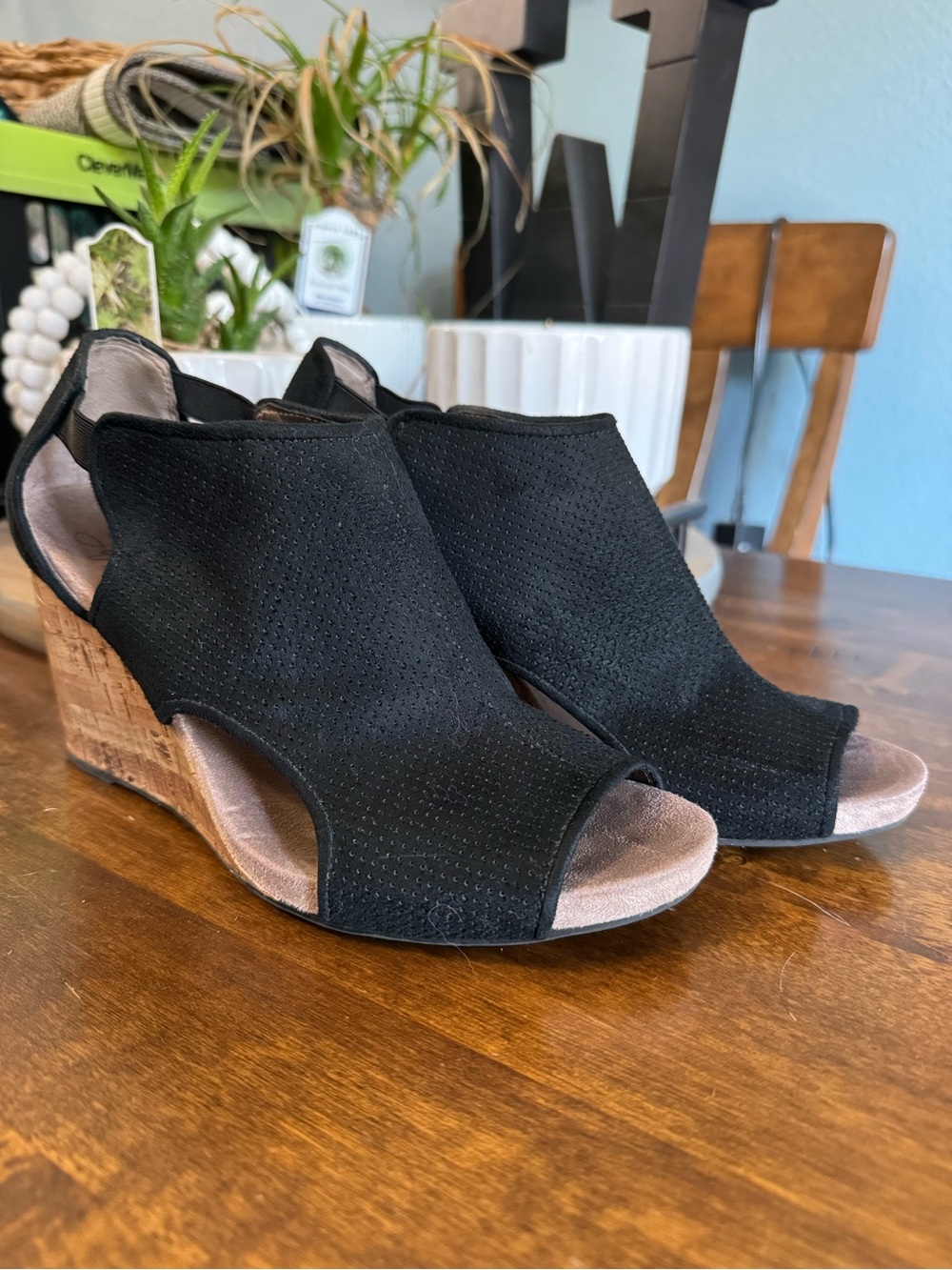 Life Stride Black Suede Open-Toe Cork Wedge Sandals